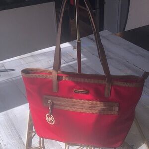 Genuine Michael Kors KEMPTON Cherry Red Tote with Brown Leather Accents